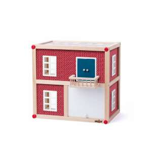 Divendi modern wooden dollhouse with red brick facade, flat roof, balcony, and two windows - Dollhouse