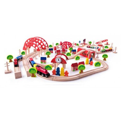 Divendi wooden train set with station, 130 pieces, toy railway track for kids