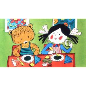 Vackor ursulul ia micul dejun cu o fată în grădiniță, diafilm, ilustrație - Filme diapozitive