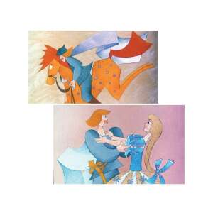 Colaj din două ilustrații din basmul maghiar "Világszép Nádszál kisasszony" de Benedek Elek, care prezintă un prinț care călărește un cal și un prinț care dansează cu o prințesă - Filme diapozitive