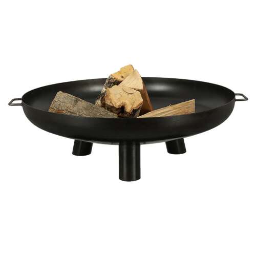 Fekete fém tűzrakó tál, 80 cm átmérőjű, fa rönkökkel