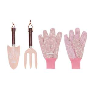 Virágos mintás kerti szerszám és kesztyű szett, rózsaszín, tartalmaz ásót, kézi gereblyét és kerti kesztyűt - Ültetőszerszám