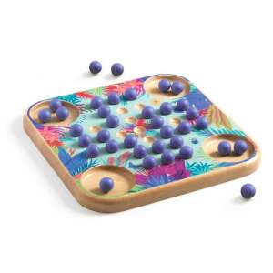 Djeco Sologic Solitaire Classic board game, wooden board with colorful tropical design, 32 purple marbles, in use - Logic Game