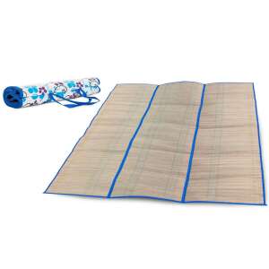 Insulated beach mat with blue trim, folded and rolled up with a carrying handle, and unfolded on a white background - Beach mat
