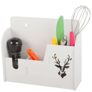 White wall mounted organizer with 3 compartments, deer design, for kitchen utensils, tools, or bathroom accessories - Kitchen storage rack