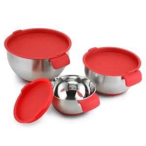 Herzberg 3 darabos keverőtál szett reszelő fedéllel, rozsdamentes acél tálak piros szilikon fedőkkel és fogantyúkkal, csúszásmentes alap - Keverőtál