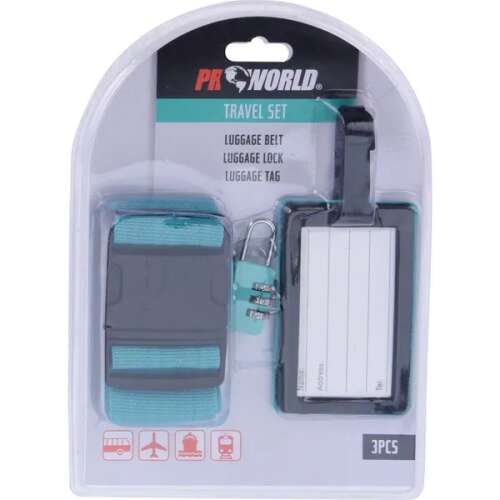 Proworld zöld 3 darabos utazókészlet, tartalmaz bőrönd hevedert, bőrönd zárat és bőrönd címkét