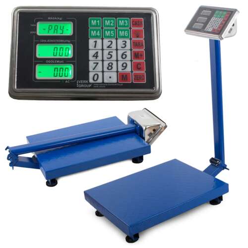 Blue platform scale with LCD display, 300kg capacity, 6 memory slots, tare function, zero function, price function, counter function, memory recall, ECO function, CE certified