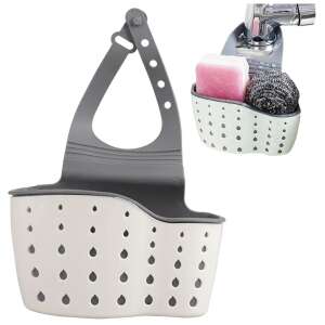 Gray and white kitchen sink sponge holder with drainage holes, hanging on a faucet, with sponges inside - Kitchen storage rack