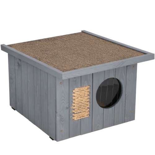 Dechland isoliertes Katzenhaus mit aufklappbarem Dach, grau, für zwei Katzen, Kratzbaum, Katzenhaus für zwei Katzen