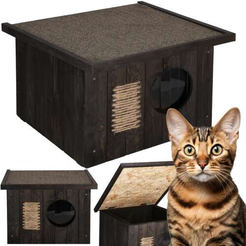 Dechland insulated cat house with a lift-up roof, ebony wood, collage with cat