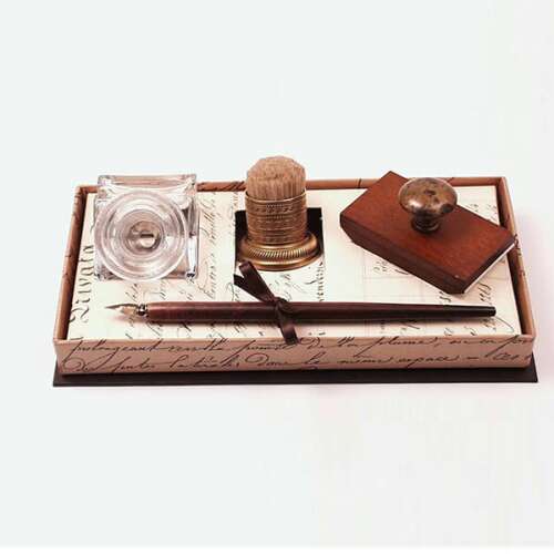 Rubinato mártogatós toll készlet tintatartóval, itatóval és pecséttel díszdobozban