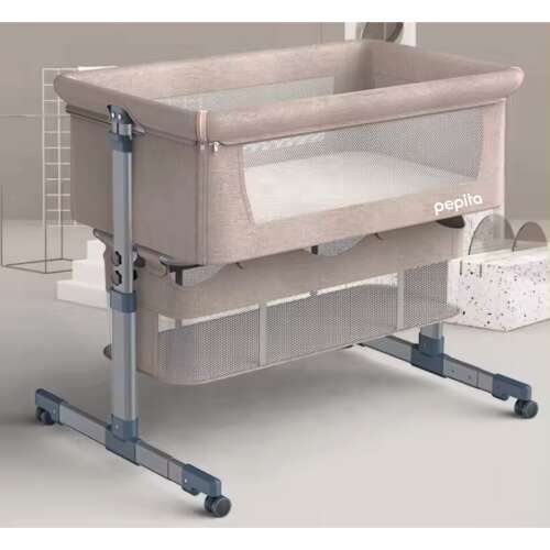 Pepita co-sleeper crib with adjustable height, wheels, and storage basket, cappuccino color