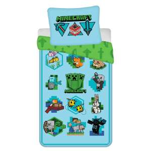 Minecraft bedding set for kids, featuring a blue duvet cover with Minecraft characters and a green pillowcase with the Minecraft logo - Bedding - Youth and Adult