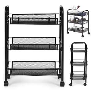ModernHome 3 szintes gurulós polc fekete fém dróthálóval, 64 cm, tökéletes konyhába, fürdőszobába vagy nappaliba - ModernHOME