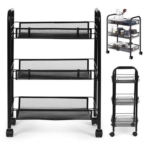 ModernHome 3 szintes gurulós polc fekete fém dróthálóval, 64 cm, tökéletes konyhába, fürdőszobába vagy nappaliba