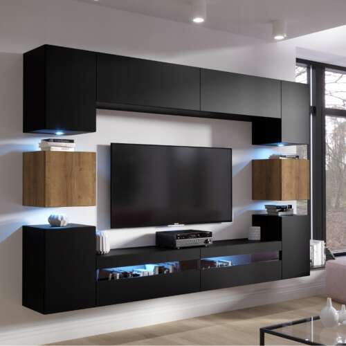 Venezia Next AN-36 nappali faliszekrény sor - 256 x 205 cm (matt fekete / arany tölgy)