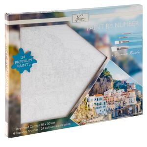 Nassau Fine Art Paint by Numbers kit featuring Amalfi Coast scene, 40x50cm canvas, 24 premium paints, and 4 brushes - Paint by Numbers Kit