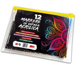 Set markere cu vopsea acrilică M&G, 12 culori, vârf rotund de 2 mm, pentru artă și hobby-uri - Pixuri