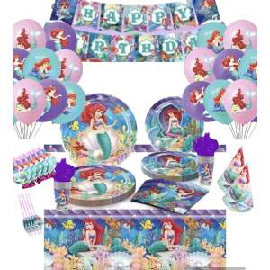 Set de articole pentru petreceri Ariel Mica Sirenă, include farfurii, pahare, șervețele, paie, fețe de masă, banner, baloane și pălării de petrecere - Baloane