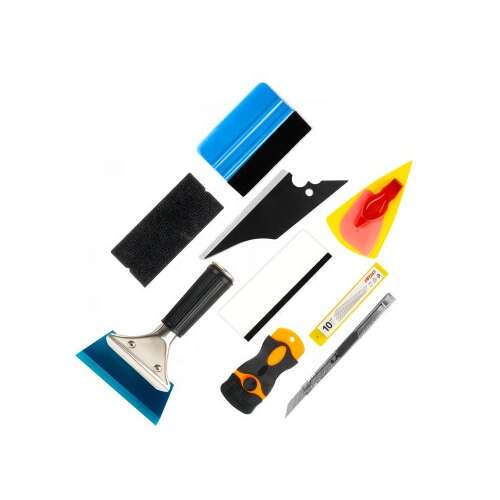 Car window tint installation tool kit, 11 piece set, includes squeegees, felt, scraper, cutter, blades