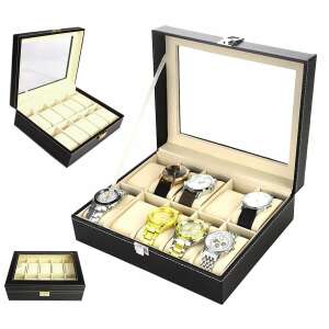 Kollázs fekete bőr 10 órás bemutató dobozról, nyitva és zárva - Óraforgató & óratartó doboz