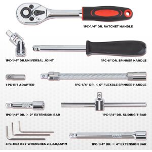 53-Piece Professional Tool Kit with Carbon Steel - Chrome Vanadium, Socket Wrenches, 1.4-inch Ratchet, Orange-Black