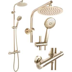 REA Bliss brush gold shower set with two shower heads, one handheld and one overhead, in gold finish - Shower set