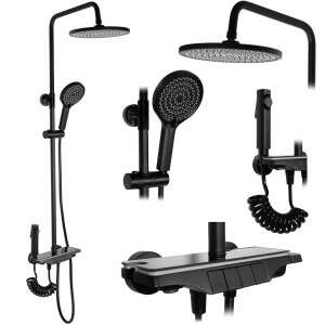 REA Savio Black thermostatic shower set, black shower head, hand shower, shower arm, thermostatic mixer, shower hose, shower shelf, multiple views - Shower set