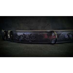 Black leather dog collar with Batman design, Bestia Custom Dog Gear - Pet Care