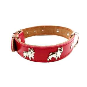 Red leather dog collar with bulldog accents, 25 mm x 55 cm - Rodent Care