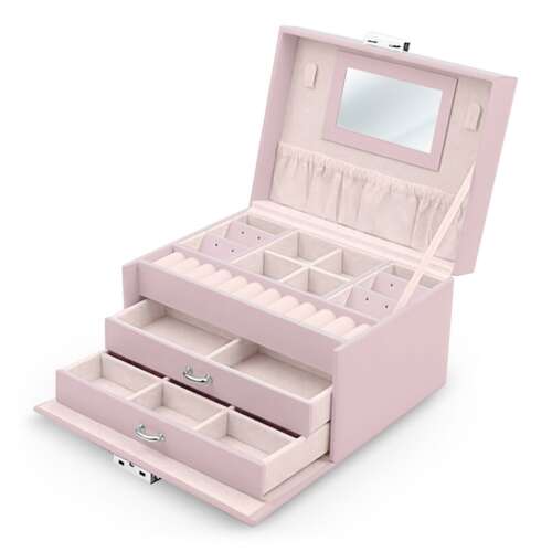 Rózsaszín ékszerdoboz tükörrel, három fiókkal és fogantyúval, ideális nyakláncok, fülbevalók, gyűrűk és karkötők tárolására.
