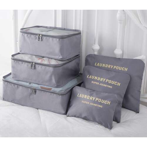 Set of 6 grey travel organizers, including 3 zippered pouches and 3 zippered organizers, perfect for keeping your luggage organized