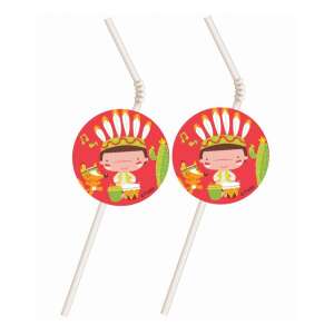 6er Pack Indian Party Plastikstrohhalme mit rotem und gelbem Cartoon-Design - Strohhalme