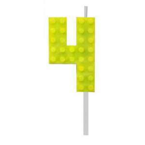Yellow number 4 birthday candle, shaped like building blocks - Birthday Candle & Cake Topper