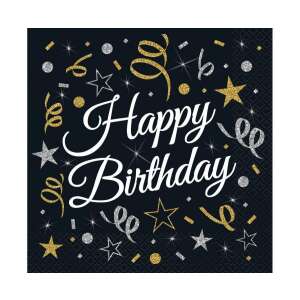 Happy Birthday black napkin with gold and silver confetti and stars - Napkin