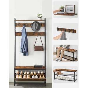 Colaj cu mobilier hol în stil industrial cu suport pentru haine, bancă pentru depozitare pantofi și detalii rafturi - Seturi mobilier de hol