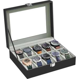 Songmics watch box with 10 compartments and glass lid, black with grey lining - SONGMICS