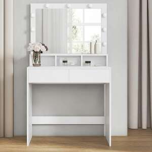 VASAGLE Dressing Table with Mirror, LED Lighting, 2 Drawers and 3 Open Compartments, 80x40x140cm, Modern, White