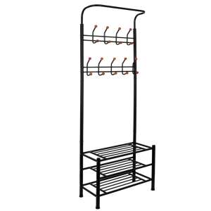 Black metal coat rack with shoe shelf, 18 hooks, 2 shelves, 187x67cm - Household Supply
