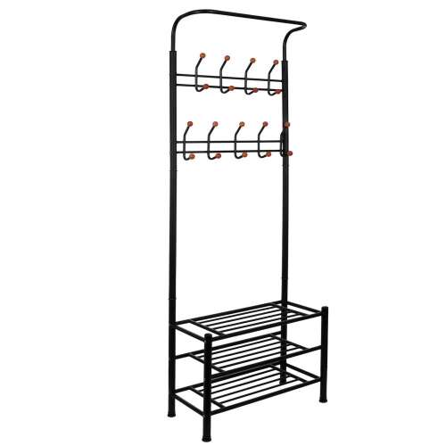 Black metal coat rack with shoe shelf, 18 hooks, 2 shelves, 187x67cm