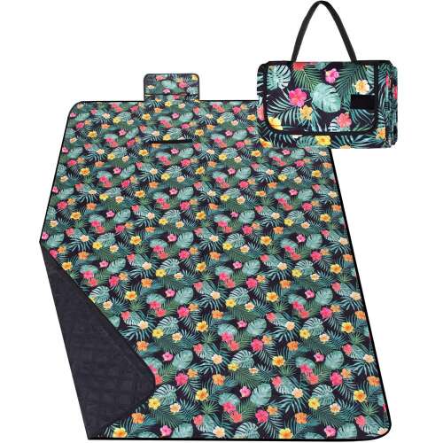 Picnic or Beach Blanket with Insulation Foil and Handle, 200x200 cm, Floral Black 104646474