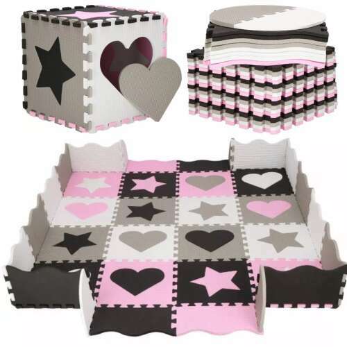 Pepita puzzle din spumă premium de dimensiuni mari 150x150cm (36 piese 31,5x31,5cm) - Inimă și stea #roz-negru