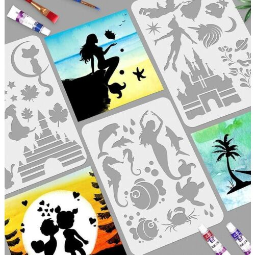 Sziluett stencil készlet különböző mintákkal, beleértve sellőt, kastélyt és állatokat.