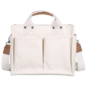 Weiße Canvas-Tragetasche mit braunen Ledergriffen und Schultergurt, Marke Dollcini - Handtaschen