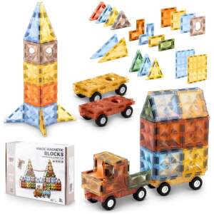 Ricokids Creative Magnetic Building Blocks Set with Colourful and Functional Wheeled Chassis - Brown, Yellow