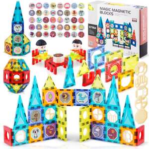 Ricokids Kreatív mágneses építőkockák készlet tornyok - Magnetic building blocks set with animals, vehicles, and fruits stickers, includes figures, perfect for creative play and learning - Magnetic building game
