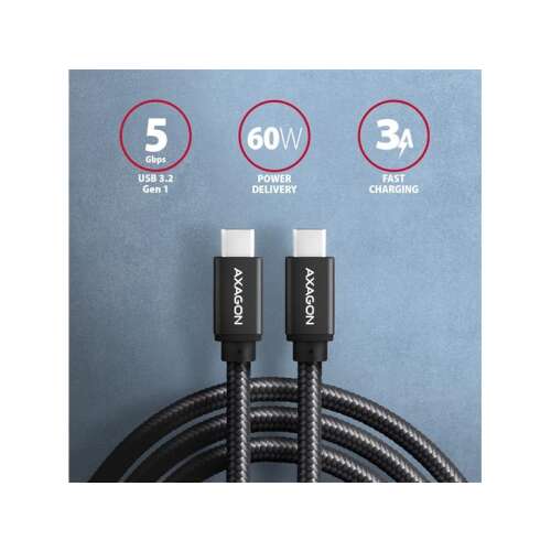 Cablu USB-C Axagon cu transfer de date de 5 Gbps, livrare de energie de 60 W și încărcare rapidă