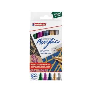 Set de 5 markere acrilice permanente Edding în culori metalice, inclusiv auriu, argintiu, verde, albastru și violet - Markere
