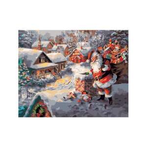 Malen nach Zahlen Kit mit Weihnachtsmann, der Geschenke in einem verschneiten Weihnachtsdorf liefert - Kunst & Hobby